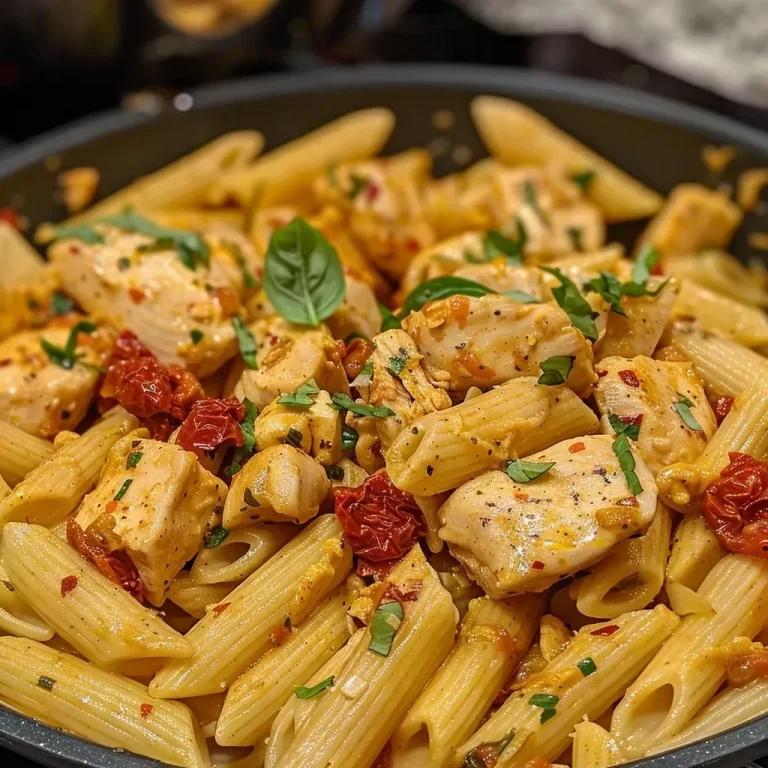 A Love Story on Your Plate: The Enchanting Marry Me Chicken Pasta Close-up view of a delicious Marry Me Chicken Pasta dish, showcasing juicy chicken and colorful ingredients.