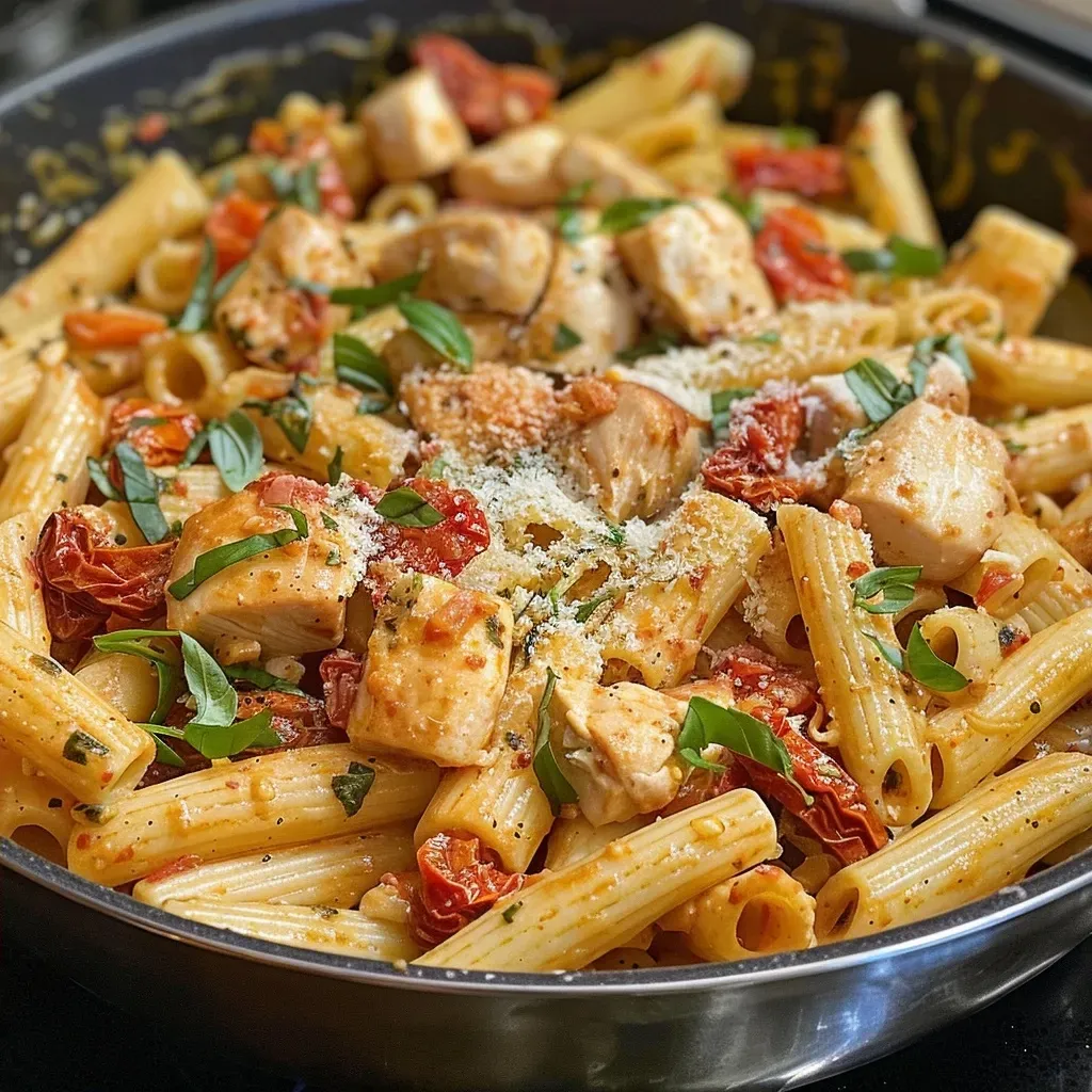Side view of creamy pasta filled with sun-dried tomatoes and garnished with fresh basil.
