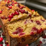 Close-up side view of a moist orange-cranberry bread loaf, showcasing its texture and cranberries.