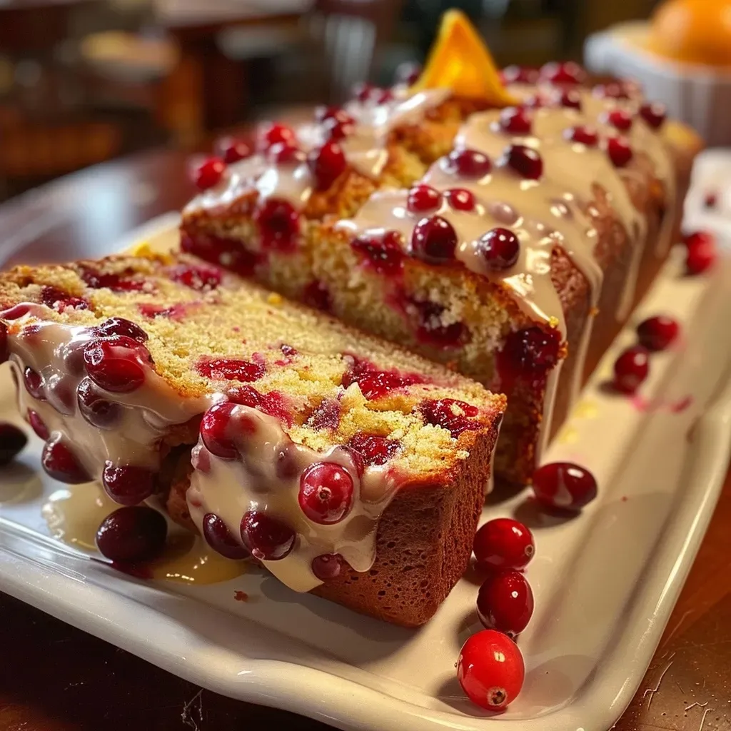 A detailed shot of a slice of orange-cranberry bread, highlighting the juiciness and ingredients.