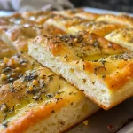 Close-up of a golden-brown focaccia bread with herbs on top.