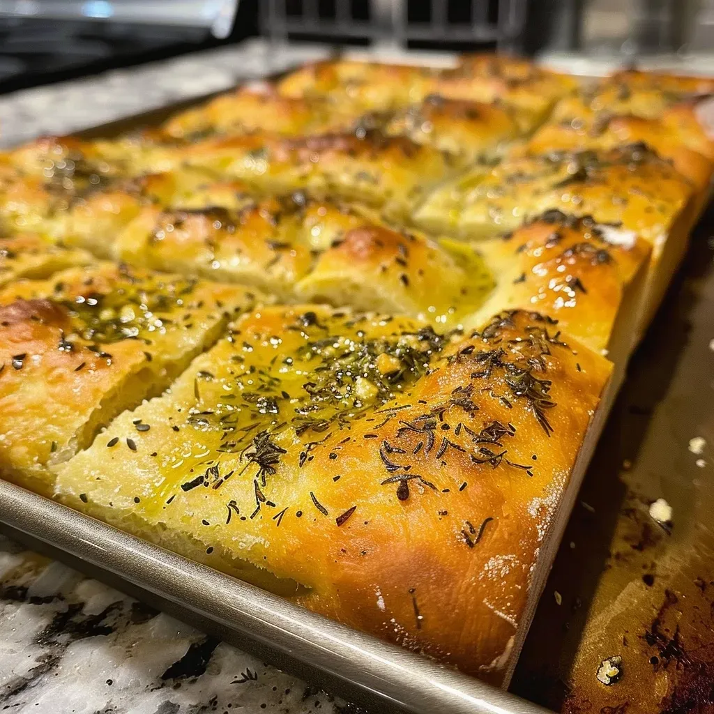 Side view of juicy focaccia showcasing crispy edges and visible garlic pieces.