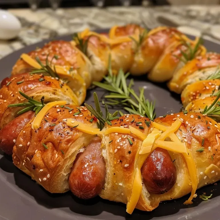Close-up view of a Pigs In A Blanket Wreath with golden-brown crescent rolls and mini sausages.