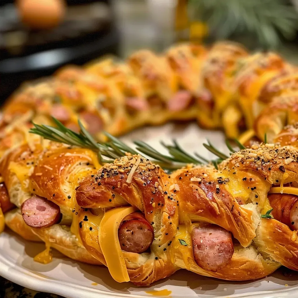 Side view of a delicious Pigs In A Blanket Wreath featuring crispy dough and garnished with rosemary.