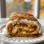 Close-up side view of a moist pumpkin roll, showcasing its spiral and cream cheese filling.