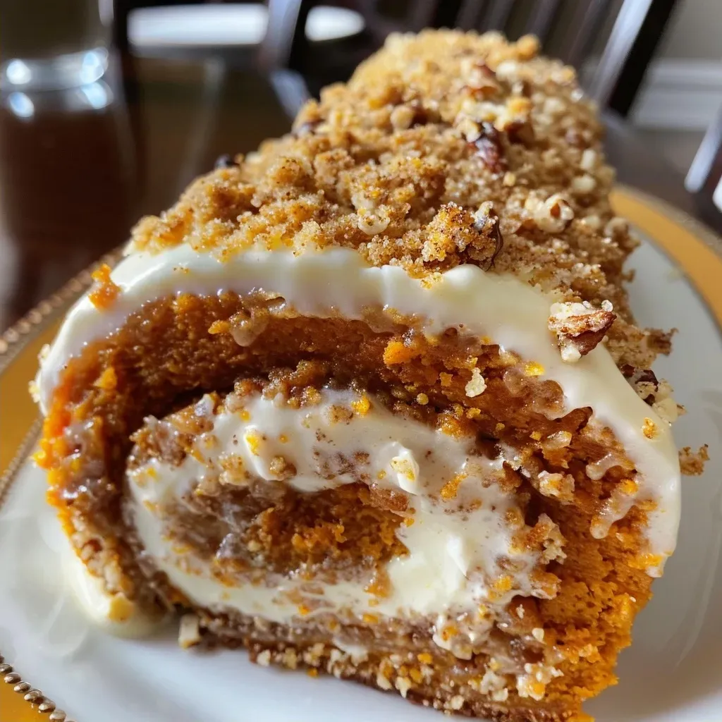 A delicious pumpkin roll displayed on a white plate, highlighting the rich texture and vibrant color.