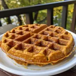 Close-up of golden brown pumpkin waffles stacked on a plate.