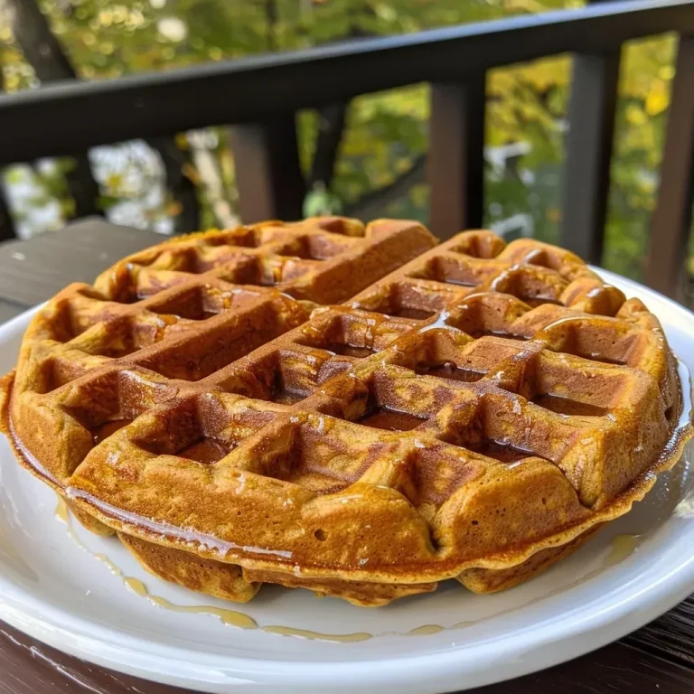 Close-up of golden brown pumpkin waffles stacked on a plate.