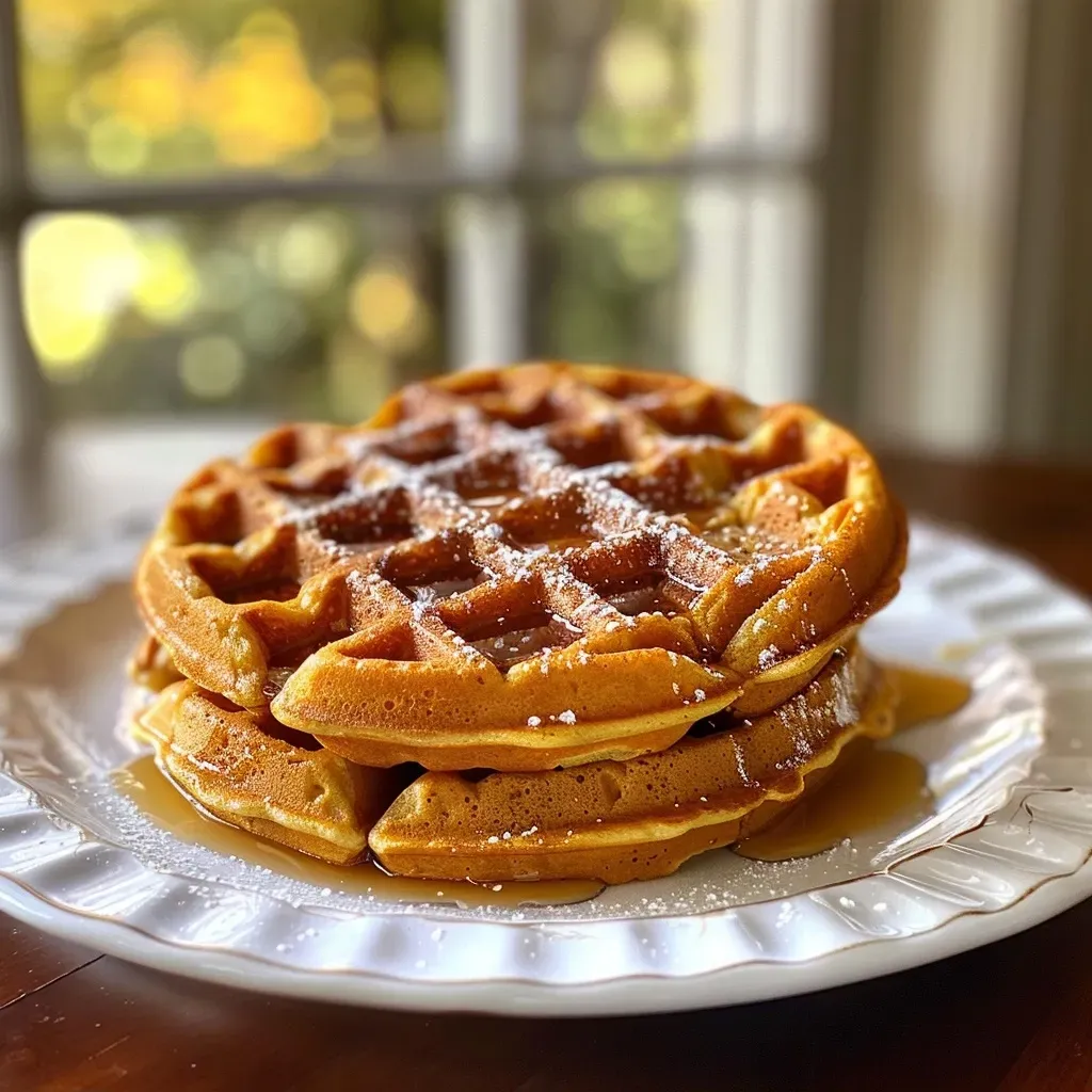 Side view of fluffy pumpkin waffles topped with syrup and spices.