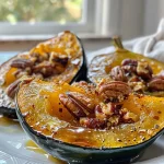 Close-up of roasted acorn squash on a creamy white bean mash.