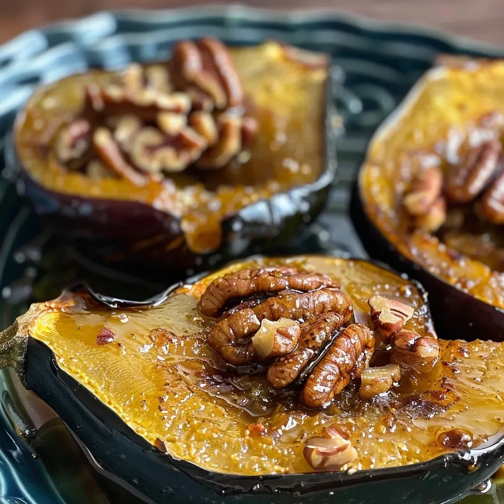 Juicy roasted acorn squash garnished on a bed of white beans.