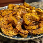 Close-up view of juicy roasted Delicata squash with a golden-brown exterior.