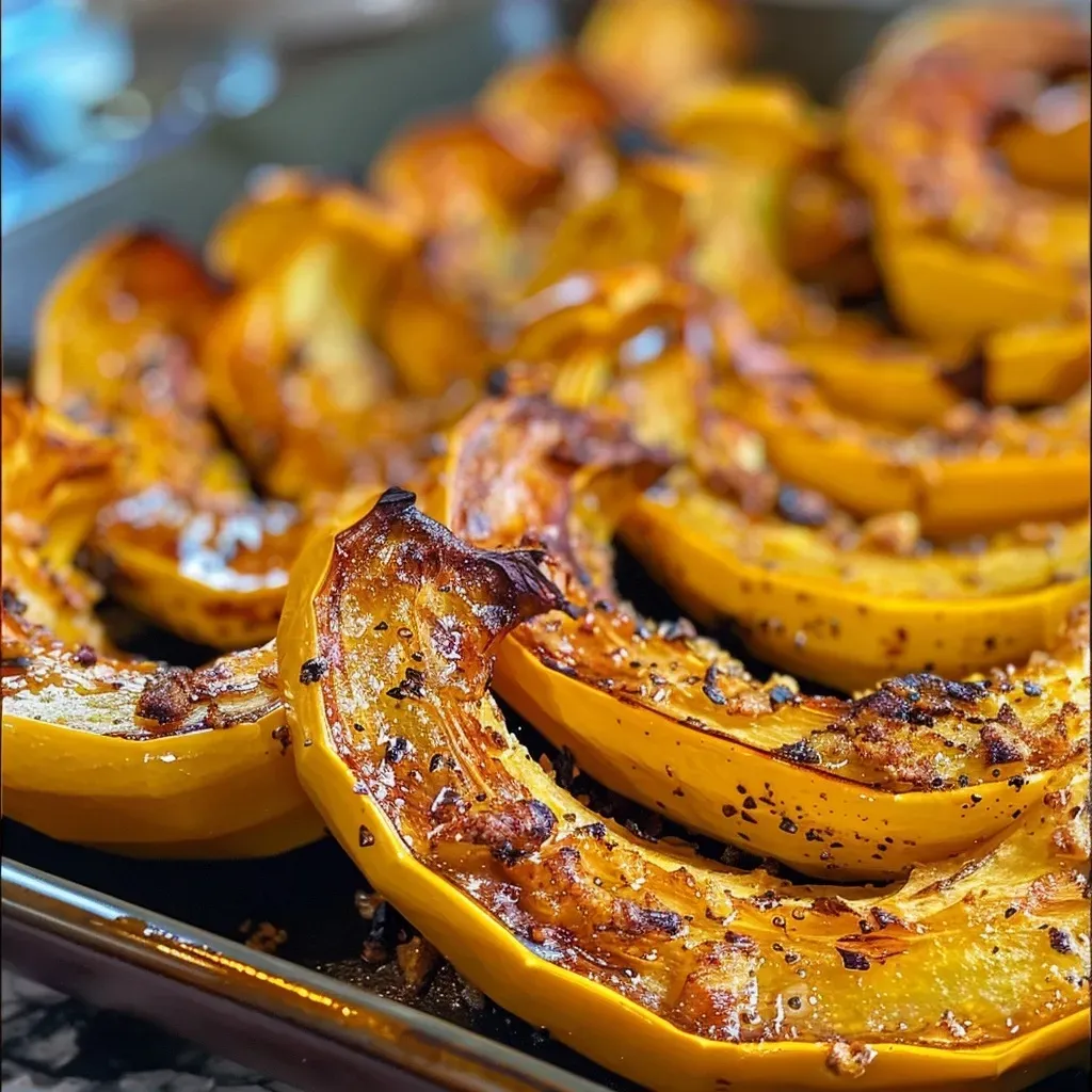 Side view of tender roasted Delicata squash, glistening with olive oil and seasonings.