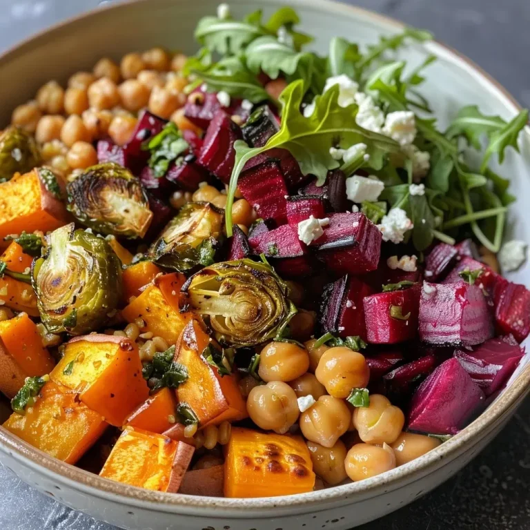 Harvesting Adventure: A Roasted Vegetable & Farro Bowl That Whispers Tales of the Earth Close-up view of a colorful roasted vegetable and farro bowl.