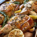Juicy roasted turkey breast on a sheet pan with herbs and sliced lemons.