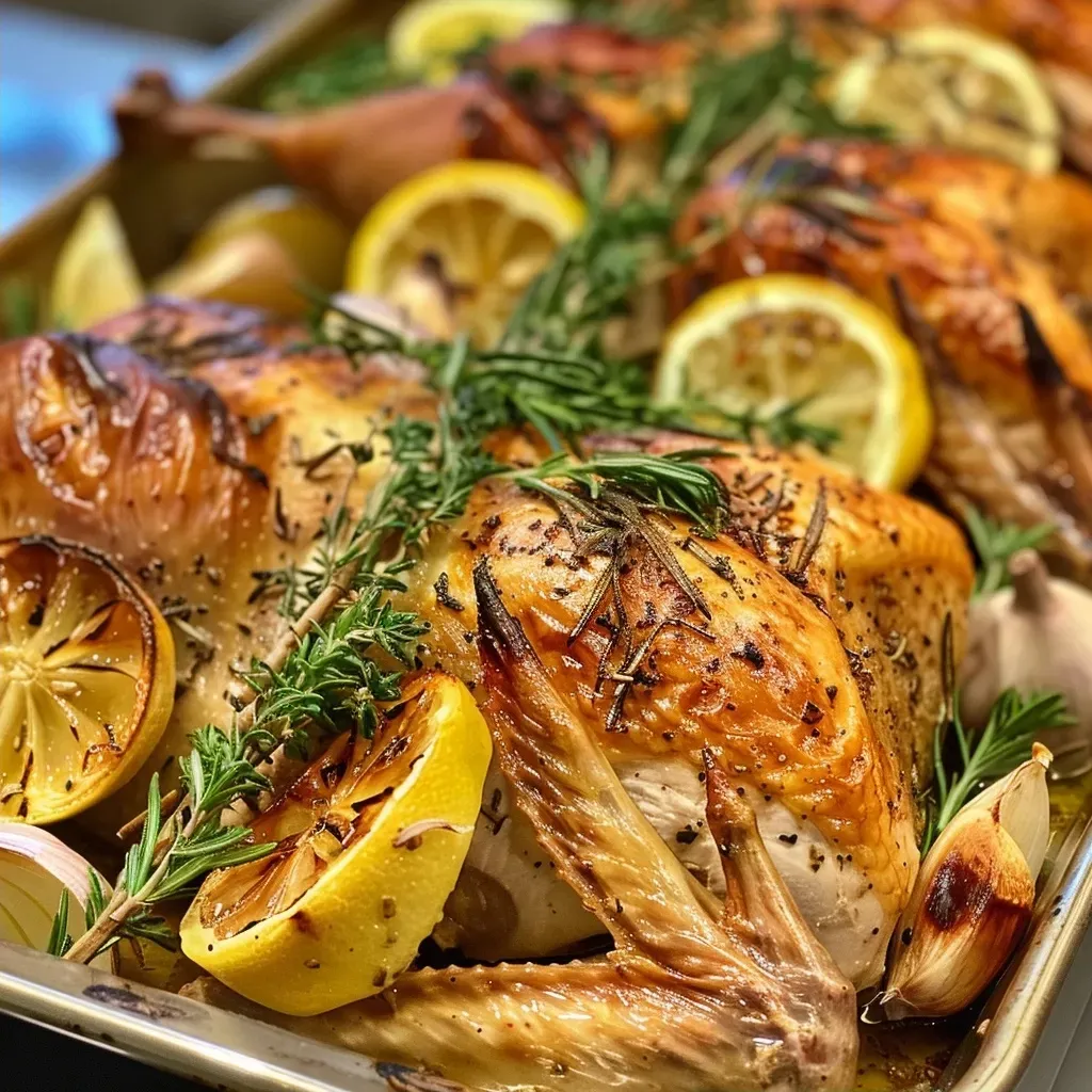 Close-up view of herb-buttered turkey breast surrounded by garlic and onion.