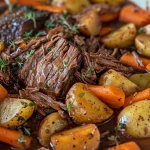 Juicy slow cooker pot roast surrounded by colorful vegetables.