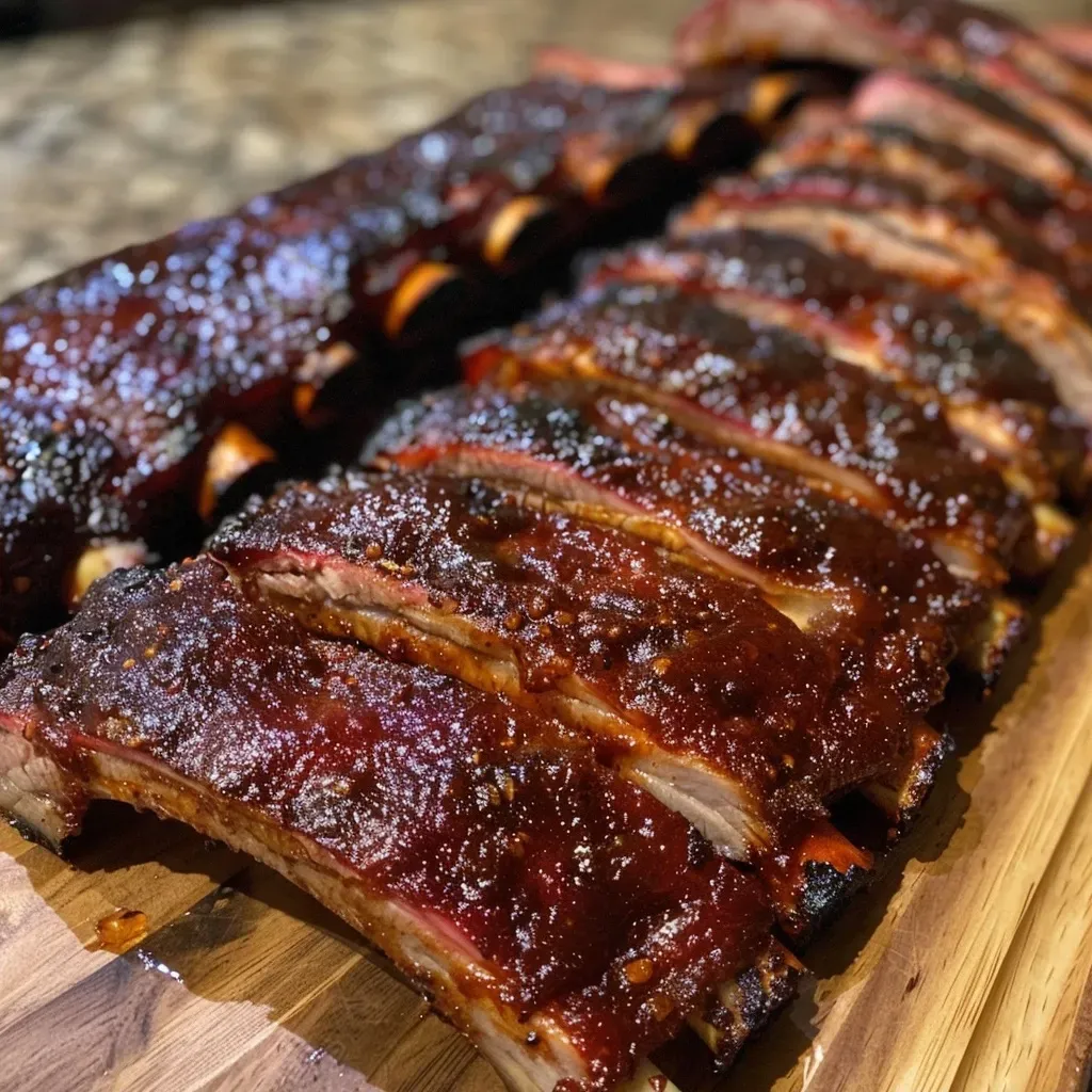 Close-up shot of tender baby back ribs with a rich, shiny glaze.