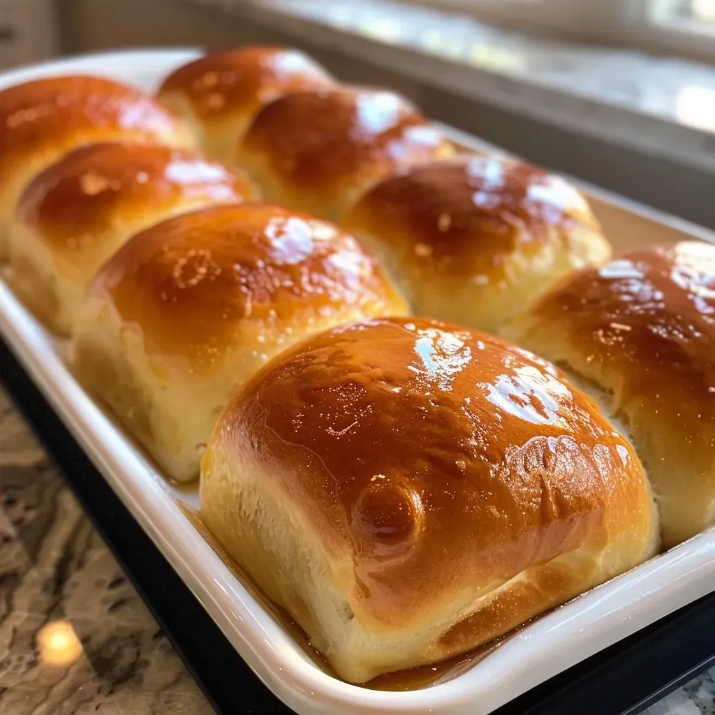 A side view of freshly baked soft dinner rolls, glistening with melted butter.