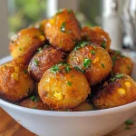 Close-up view of golden cornbread poppers drizzled with honey butter.