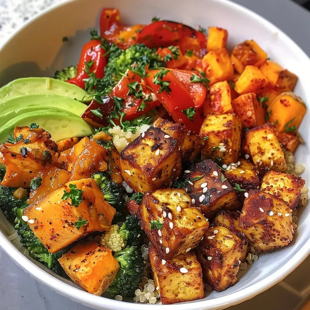Spiced Tofu Roasted Veggie Quinoa Bowl