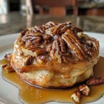 Close-up of sticky pecan cinnamon buns with gooey glaze and pecan topping.