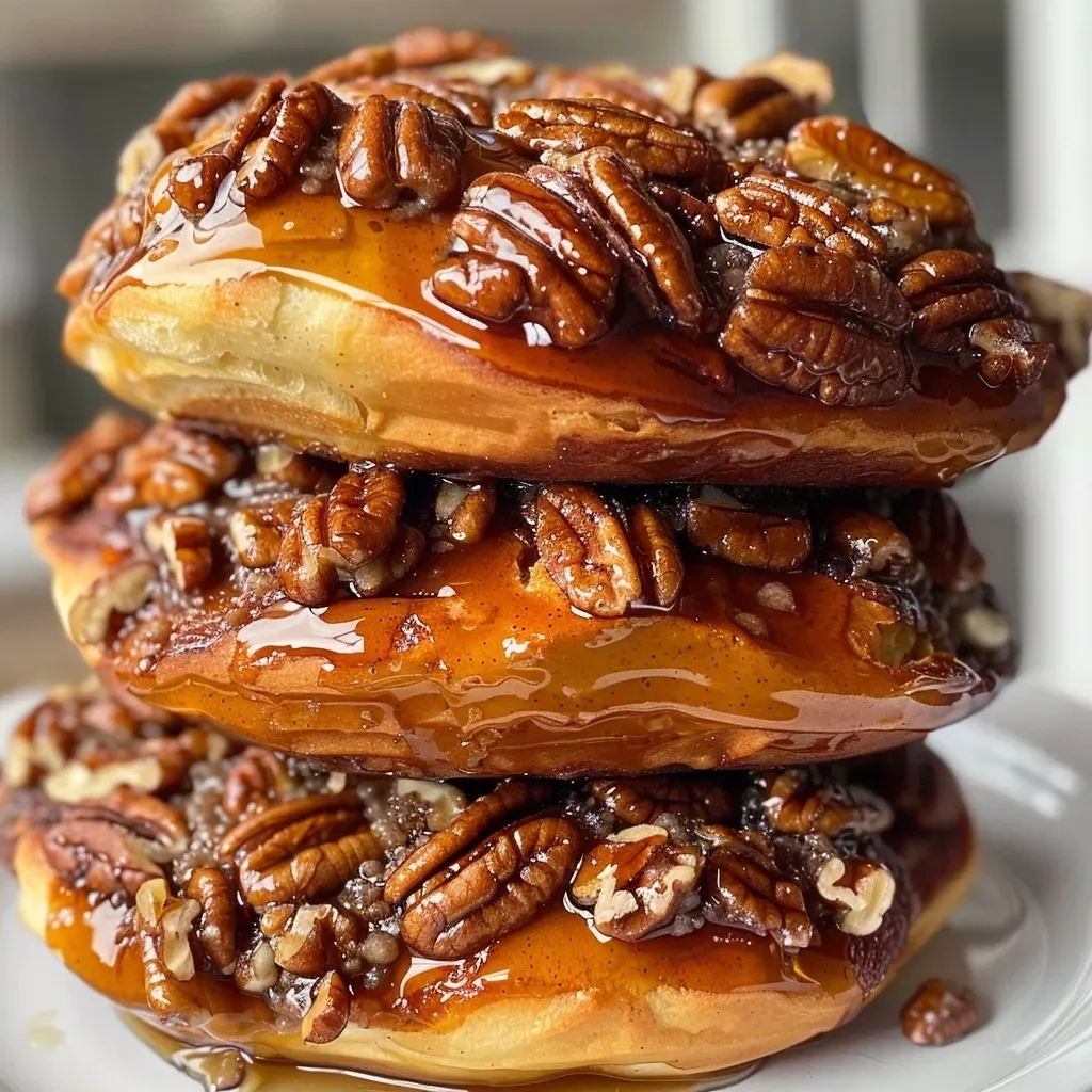 Side view of freshly baked sticky pecan cinnamon buns on a plate.