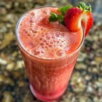 A refreshing Strawberry Passion Fruit Pink Drink with ice cubes and garnished with fresh strawberries.
