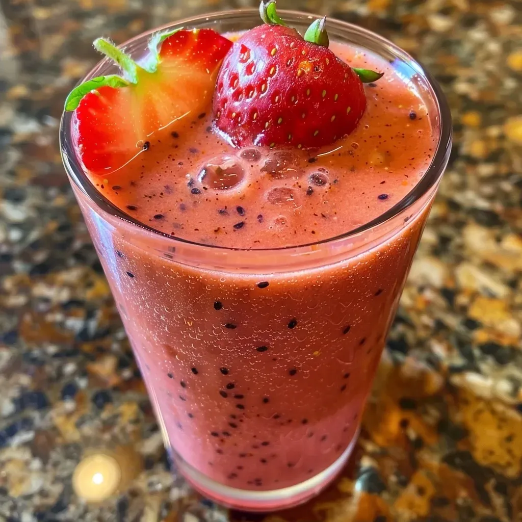 Close-up view of a vibrant pink beverage featuring freeze-dried strawberries and coconut milk.