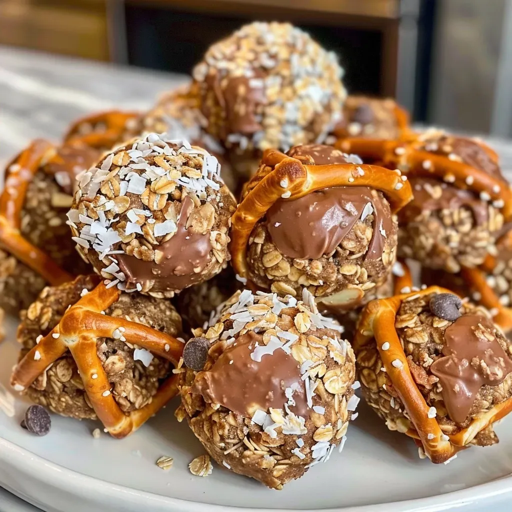 Side view of a plate filled with Sweet and Salty Peanut Butter Pretzel Bites, showcasing their texture.