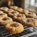 Close-up view of thumbprint cookies filled with jam, showcasing a golden-brown exterior.