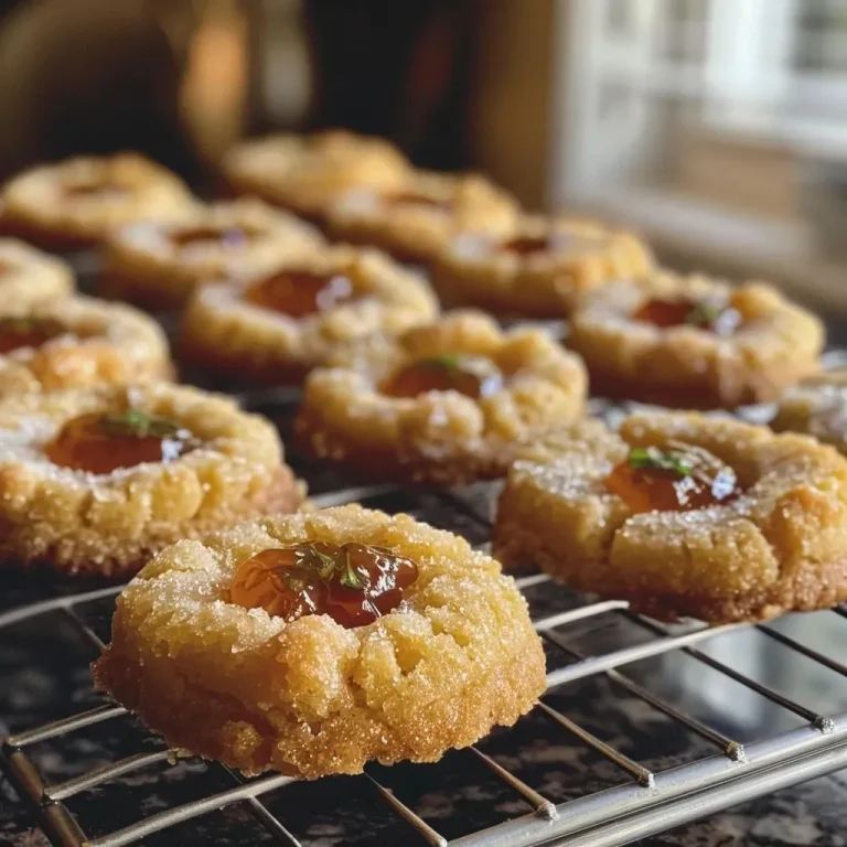 Close-up view of thumbprint cookies filled with jam, showcasing a golden-brown exterior.