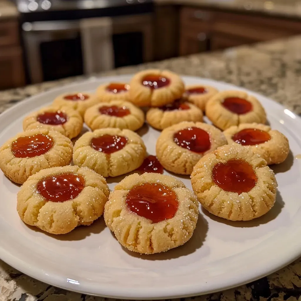 Side view of freshly baked thumbprint cookies with a glossy jam center, highlighting their texture.