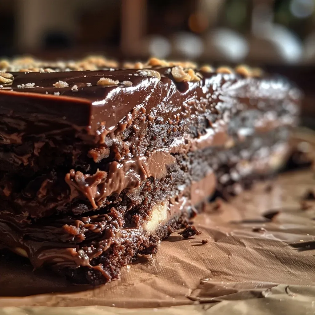 Close-up of a rich chocolate torte with a smooth, shiny exterior and visible almond pieces.