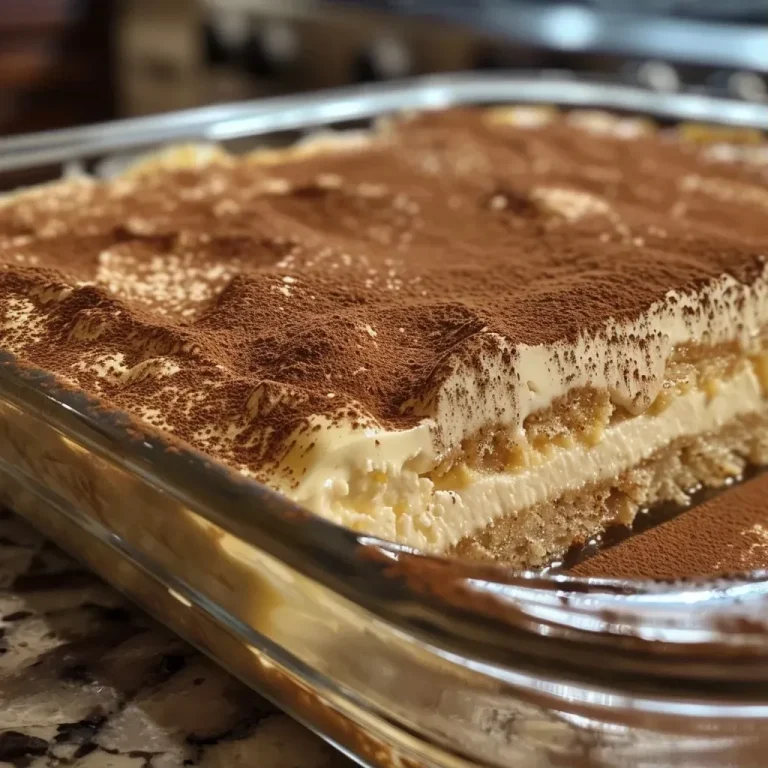 Close-up view of a slice of Traditional Italian Tiramisu with layers of mascarpone and coffee-soaked ladyfingers.