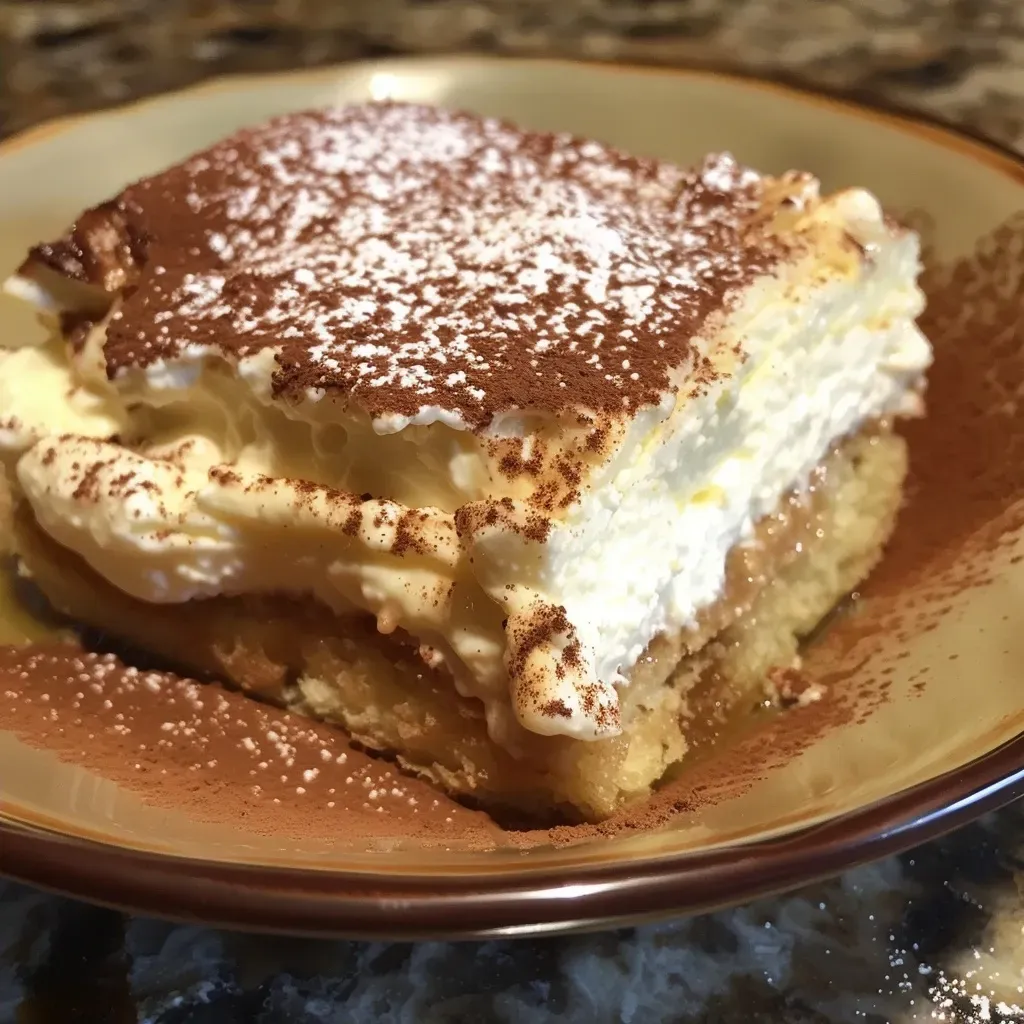 Side view of a delicious piece of Tiramisu showcasing its creamy texture and cocoa dusting.