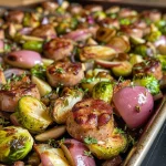 Close-up of a sheet pan filled with juicy sausages, apples, and colorful fall vegetables.