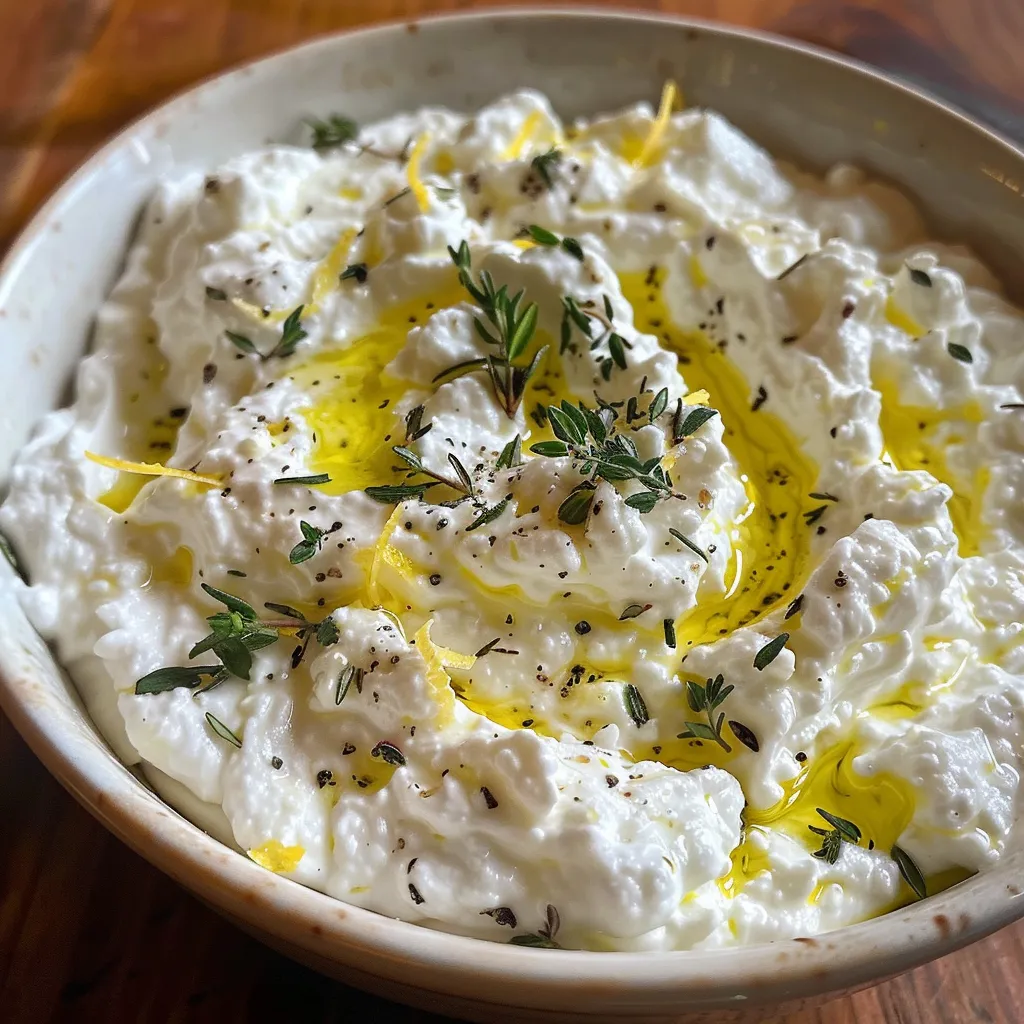 Side view of a bowl filled with whipped ricotta dip topped with fresh thyme.
