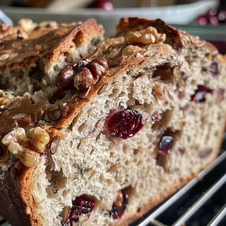 Baking a Journey: Discovering the Heart of Sourdough with Walnuts and Cranberries Close-up side view of freshly baked walnut and cranberry sourdough bread with a golden crust.
