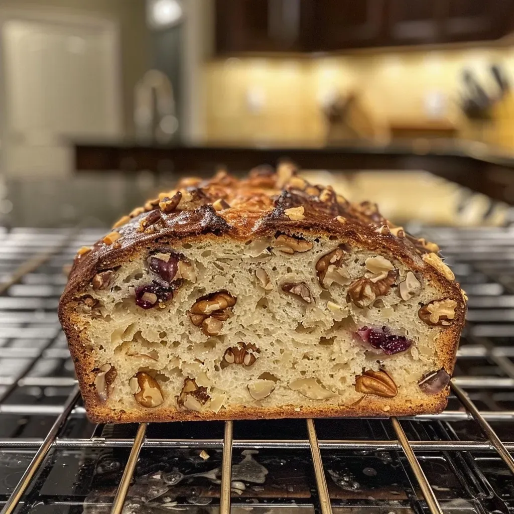 Detailed image of sourdough bread featuring whole walnuts and dried cranberries, showcasing its texture.