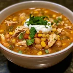Close-up photo of a bowl of White Chicken Chili with visible chunks of chicken and beans.