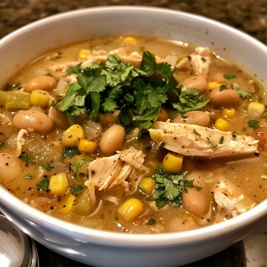 Side view of White Chicken Chili featuring a creamy texture and colorful ingredients.